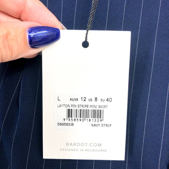 BARDOT Women's Layton Pin Stripe Mini Skirt Large US 8 Navy Blue NWT - Picture 11 of 13